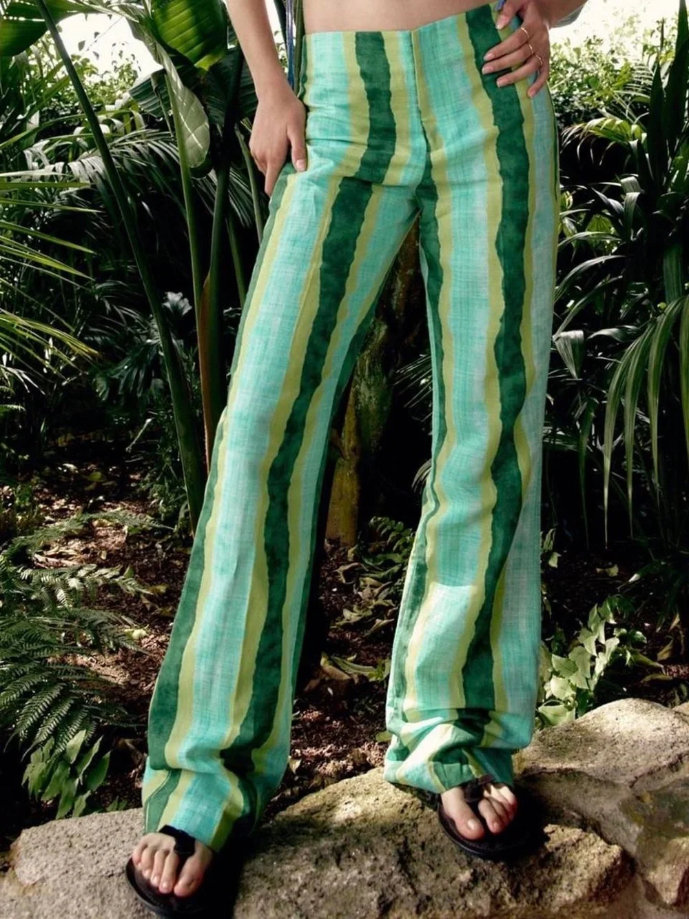 New Zara Striped Flared Linen Blend Pants S
